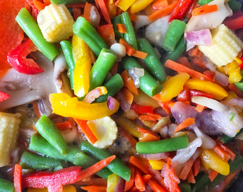 新鲜的切片蔬菜是红烧锅特写镜头蔬菜背景