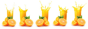 橙子和玻璃橙色汁与飞溅孤立的白色背景集合集橙子和玻璃橙色汁与飞溅