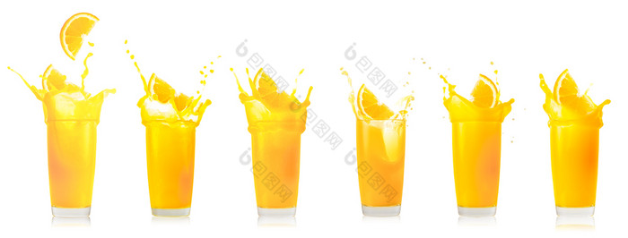 玻璃橙色汁与飞溅从下降橙色片孤立的白色背景集集合玻璃橙色汁与飞溅从下降橙色片
