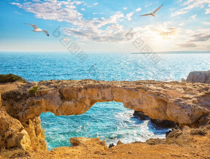 著名的情人桥乌鸦拱与海鸥的天空受欢迎的旅游目的地角电缆格列柯圣地纳帕塞浦路斯著名的情人桥乌鸦拱与海鸥的天空