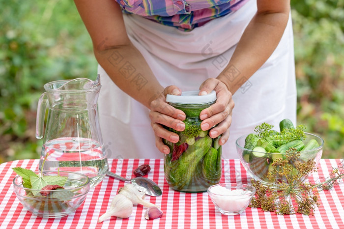 手烹饪女人关闭的可以与黄瓜为保存红色的网纹桌布香料的桌布为烹饪自然绿色背景手烹饪女人关闭的可以与黄瓜为保存