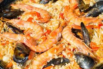 Valencian<strong>海鲜</strong>饭美味的<strong>海鲜大</strong>米而且虾