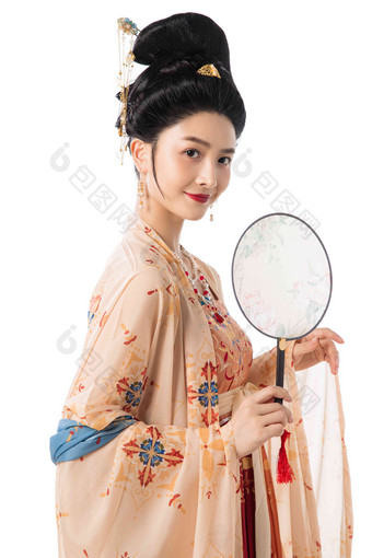 美女拿着扇子站着装扮亚洲高质量拍摄