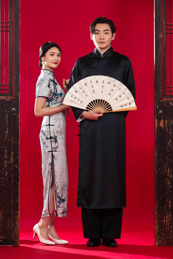 中式服装夫妇亚洲人传统服装青年女人高端影相