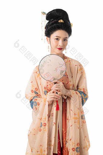 美女拿着扇子中国彩色图片