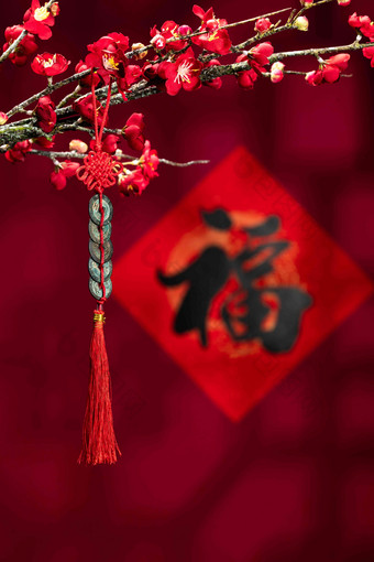 悬挂在梅花下面的中国结东亚清晰照片