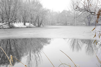 下雪后的湖边风景湖图片