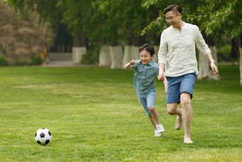快乐<strong>父子</strong>在草地上踢足球