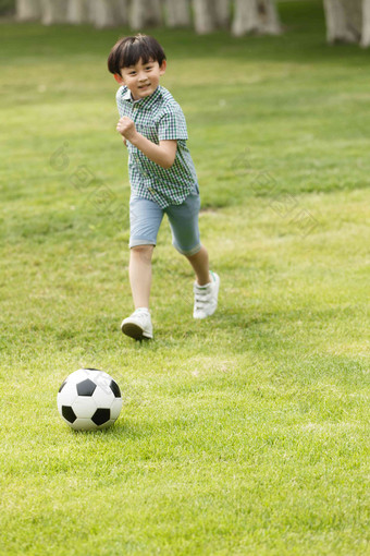 小男孩踢足球树高清拍摄