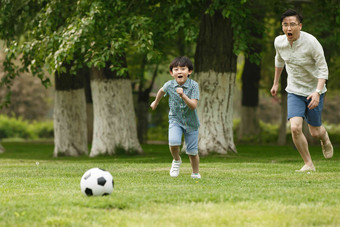 快乐父子在草地上踢足球足球高端摄影图