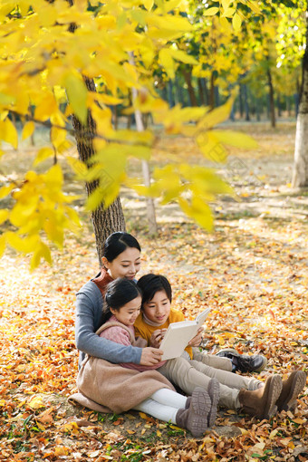 妈妈和孩子在树下看书放松高质量镜头