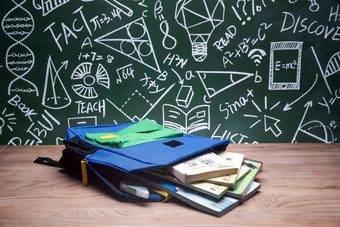 黑板画前的桌子上的书包和散落的书教科书高清素材