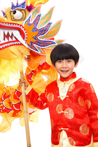 小男孩过新年舞龙传统文化氛围场景