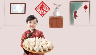 快乐男孩拿着饺子迎新年冬至氛围影相