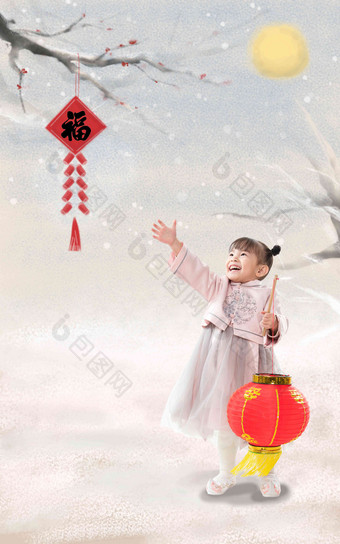 小女孩手提红灯笼庆祝新年雪高质量图片