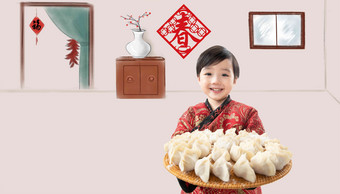 快乐男孩拿着饺子迎新年团圆饭镜头