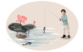 小男孩户外钓鱼插图画法清晰影相