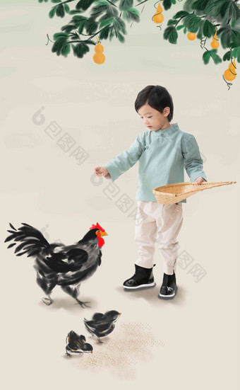 小男孩拿着簸箕撒谷物喂鸡传统文化高端摄影图