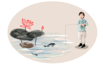 小男孩在河边钓鱼水平构图素材