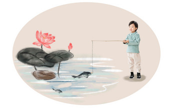 小男孩在河边钓鱼唐装清晰摄影图
