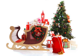 圣诞礼物和雪橇堆叠图片