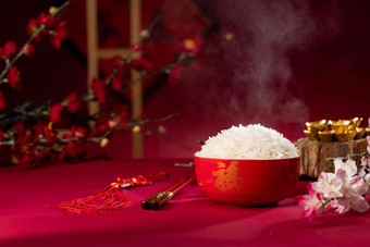 中国传统特色热腾腾的米饭大量物体高端拍摄