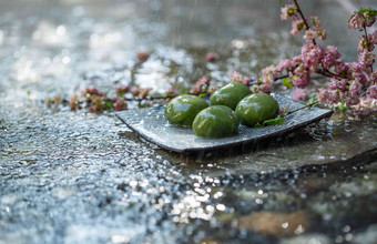雨中石板上的青团和桃花主食高清镜头