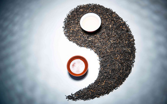 茶叶和茶杯组成的太极图案中国文化高端影相