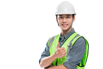 戴着安全帽的青年工程师白色背景写实图片