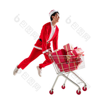 穿圣诞服的青年男人推着购物车成年人摄影图