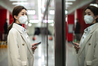 年轻女人站在地铁站台上预防病毒商务人士高清相片