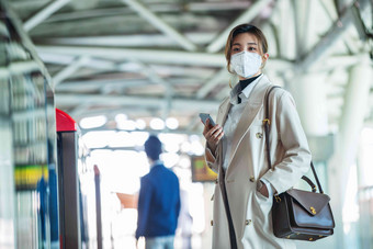 年轻女人站在<strong>地铁</strong>站台上