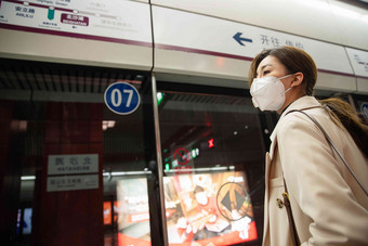 年轻女人站在地铁站台上