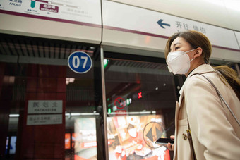 戴口罩的年轻女人站在<strong>地铁</strong>站台上