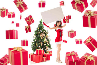 过圣诞节的年轻女人拿着白板飘落清晰图片