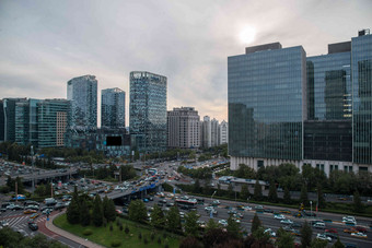 北京市东直门建筑群商业区写实场景