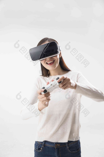 女人<strong>VR</strong>眼镜通讯遥控器惊奇写实素材