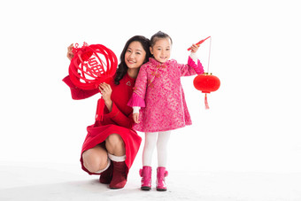 幸福母女庆祝新年中国清晰摄影
