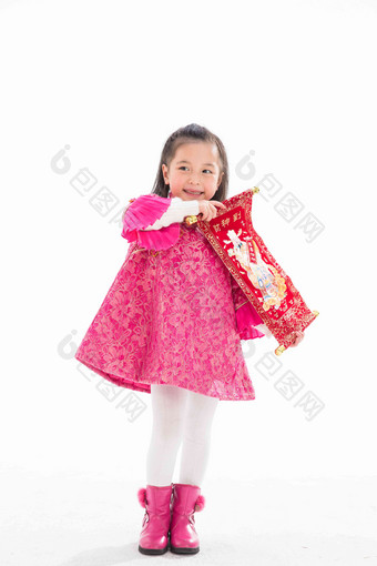 可爱的小女孩拿着财神爷祝福氛围图片
