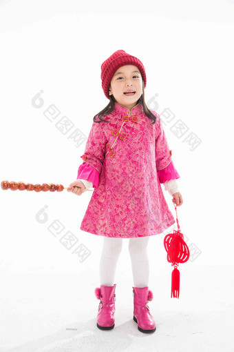 欢乐的小女孩吃糖葫芦祝福氛围镜头