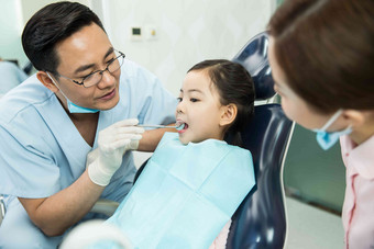 男牙医和女牙医助手在为小女孩检查牙齿信任高清图片
