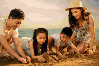 快乐的四口之家在沙滩上玩沙子