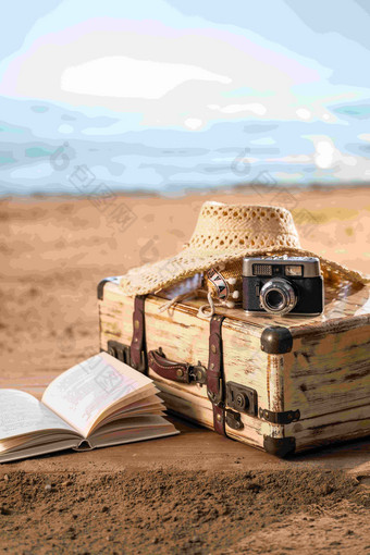 沙滩静物行李箱高质量摄影图