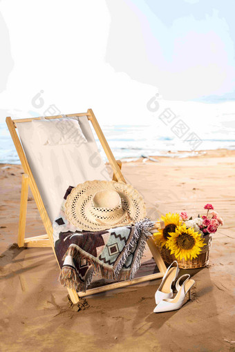 沙滩躺椅躺椅鞋海景氛围摄影