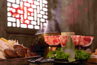 铜锅中国菜窗户配菜高端照片