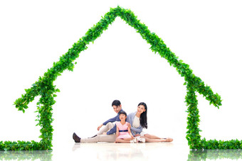 一家人绿房子青年夫妇女孩亚洲影相