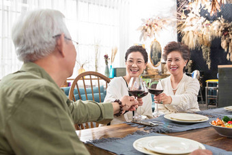 聚会上快乐的老年人闲聊干杯健康食物清晰相片