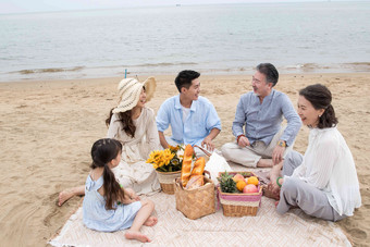 在<strong>海边</strong>度假的一家人野餐