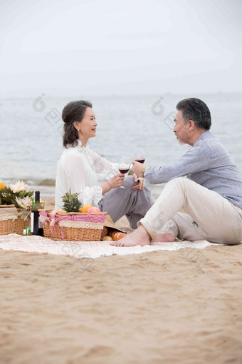 幸福的老年夫妇坐在海滩<strong>上</strong>野餐饮酒