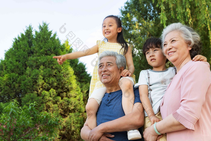 老年夫妇带着孩子们郊游女人高质量摄影